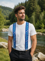 Pánské šle s potiskem - drobný folklor bílé na modré