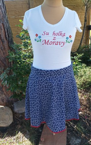 Sukně půlkolová modrotisk lístečky - velikost: 46