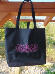 Nákupní taška na rameno - růžový folklor na černém podkladu